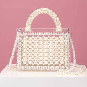 Shoulder Bags Luxury Acrylic Pearl Evening Clutch Women Handmade Beaded Clear Purses and Handbags Ladies Woven Bag Wedding Party 230426