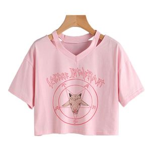 T-Shirt Harajuku Divertente Maglietta Femminile Satana Vintage Graphic Tees Capra Punk crop top Moda Estate Manica Corta T Shirt Donna Ritagliata