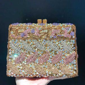 New hollowed out leaf studded diamond dinner bag trapezoidal small square box banquet handbag clutch 230513