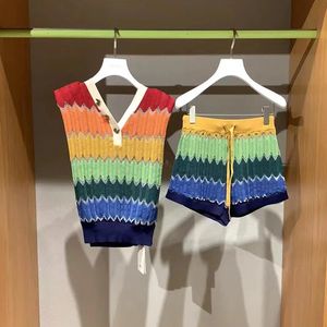 Two Piece Dress High Quality Women Fashion Summer Western Sweet Cute Ice Silk Loose Rainbow Striped Wave VNeck Knitted Vest Top Shorts Set 230512