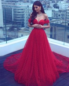 Sexy Red Evening Dresses A Line Prom Party Gown Off-Shoulder Floor-Length Sweep Train Beaded Tulle long Lace Up Backless Plus Size Custom