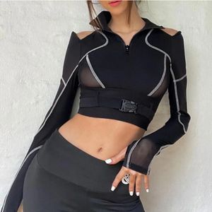 2023 Women's T Shirts Black Crop Top Buckle Bandage Patchwork Mesh Sexig Tshirt Y2K Streetwear Cut Out Long Sleeve Pullovers Women T-shirts Tees