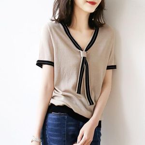 Women's Blouses Fashion V-Neck Knitted Spliced Loose Lace Up Blouse Female Clothing 2023 Summer Casual Pullovers Short Sleeve Korean Shirt