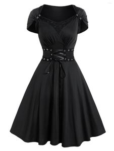 Party Dresses Dressfo Gothic Solid Color GROMMET LACE UP PANEL Hög midja Dress Surplice Black Sexig Deep V Rivet Bandage Female Vestidos