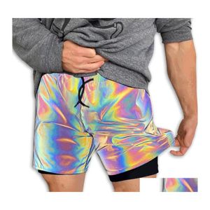 Shorts masculinos masculinos de arco -íris refletivos de trabalho casual de trabalho casual, executando hip hop o nosso treino de trecho de moda de tamanho grande Drop Dh07b