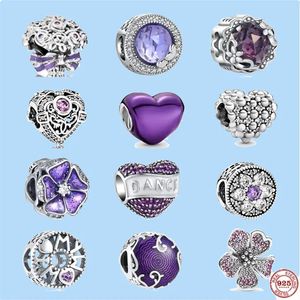 925 Sterling Silver Charms för pandora smycken pärlor dingle charm dröm lila pärlor älskar hjärtblommor hänge