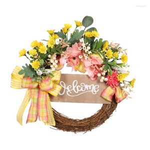 Flores decorativas de grinalda artificial Little Daisy Flower Wooden Board Yellow Farmhouse Garland Plants Front Door Wall Hanging