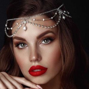 Bling Crystal Hair Clip Pin Hairband Etnico personalizzato Perla Sexy Multistrato strass Fronte catena Barrette Dressing Accessories Head Wear Copricapo