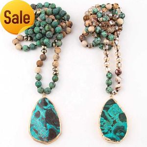 Fashion Boho Jewelry Women Bohemia 8mm ite Necklace Crystal Glass Natural African Turquoise Stone Pendant Necklace