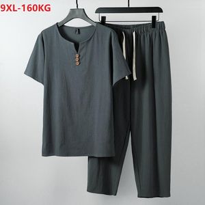 Мужские футболки Summer Plus Size 7xl 8xl 9xl китайский стиль футболка с коротким рукавом и брюки Men Linen Vintage Tees tees tan
