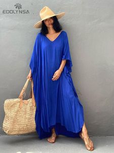 Cover-up 2023 Solid Blue Plus Size Long Kaftan Casual Vneck Robe Summer Maxi Dress Woman Clothing Beach Wear Swim Suit Cover Up Q1384