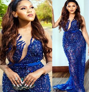 2023 May Aso Ebi Lace Mermaid Prom Dress Pearls Royal Blue Sexig Evening Formal Party Second Reception Birthday Engagement klänningar Klänningar Robe de Soiree ZJ516