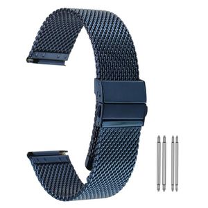 High Quality Yellow Gold Blue 18 20 22mm Mesh Stainless Steel Band Watch Strap Replacement Bracelet Straight Ends Hook Buckle259T