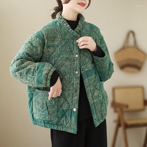 Kopa damski płaszcza jesienna zimowa zima w stylu etnicznym drukowane parkas z jednym wyborem luźne ciepłe i aksamitne gęste bawełniane kurtka