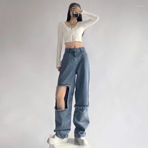 Women's Jeans NELLARGEL Y2k Korean Fashion Hole Baggy Pants 2023 Women 2000s Clothes Low Rise Ripped Vintage Wide Leg Denim