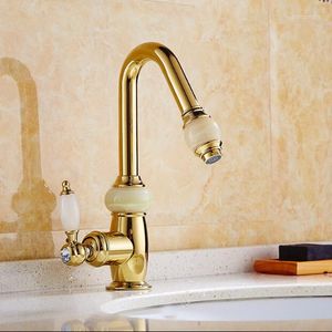 Rubinetti per lavabo da bagno Moda in ottone massiccio e costruzione in giada naturale Rubinetto per lavabo con finitura oro freddo con soffione estraibile