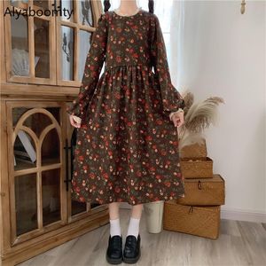 Abiti casual Giapponese Mori Girl Autunno Primavera Donna Abito midi Colletto in pizzo Caffè stampato floreale Femminile Vintage Elegante velluto a coste