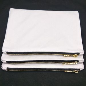 Borsa per il trucco in tela di cotone bianco da 12 once da 6x9 pollici con zip nera-oro fodera in oro sacchetto cosmetico in cotone bianco per stampa di vernice fai-da-te in s2650