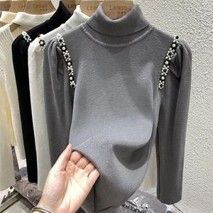 Women's Sweaters Bead Pearl Designer Tops Autumn Wintert Turtleneck Sweater Women Solid Basic Knitted Slim Fit Undershirt Pull Femme