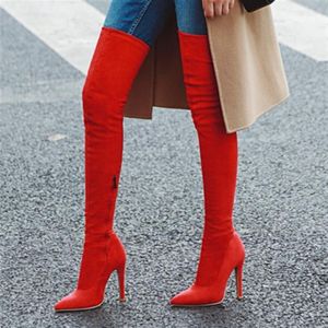 Plus size 32 to 42 to 48 red synthetic suede pointed high heel over the knee thigh high boots orange black 11cm286W