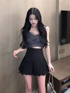 Vestidos de trabalho terno de saia feminino clube sexy clube de 2 peças estudante de verão suspensório de alta cintura alta plissada a-line sólida coreana moda 2023