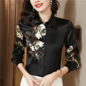 Damenblusen, elegante schwarze Blumen-Satin-Seidenhemden für Damen, lässig, locker, langärmelig, koreanisches Mode-Damen-Arbeitshemd