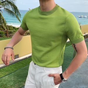 남자 Tshirts 영국 스타일의 여름 아이스 실크 짧은 슬리브 니트 t 셔츠 남자 간단한 순수한 색상의 캐주얼 슬림 티 셔츠 톱 homme m3xl 230512