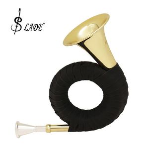 Förpackningar Slade BB mässing Hunting Horn Gold Plated Hunting Horn Professional Wind Musical Instruments With Carry Bag Stand Cleaning Tyg