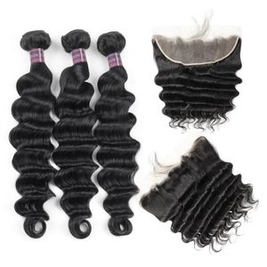 2021 Brazilian Loose Deep Human Hair Bundles with Closure Kinky Curly Straight 3 4 PCS with Lace Frontal Peruvian Body For Women A207K