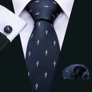 Cravatta da uomo di lusso Cravatta blu scuro con simpatico pinguino Modello piccolo Set Fazzoletto e polsini Intero matrimonio da lavoro Shipp274H