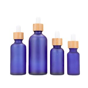 Droppflaskor för eterisk olja i frostat glas Blå bärnstensgrön serumflaska med bambu reagenspipettlock 10ml 20ml 30ml 50ml 100ml