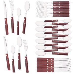 Dinnerware Sets Wood Handle Set Stainless Steel Tableware Knife Fork Spoon Flatware Dishwasher Safe Cutlery Service For 8