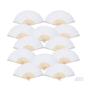 Party Favor 12 Pack Hand Hold Fans White Paper Fan Bamboo Folding Handheld Folded For Church Wedding Present Drop Delivery H DHT0I