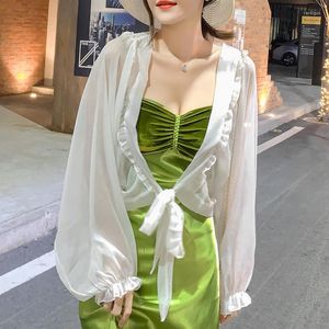 Women's Blouses Sunscreen Clothes Women Shawl 2023 Summer Korean Loose Chiffon Cardigan Femme Fashion Long-sleeve Solid Color Short Tops