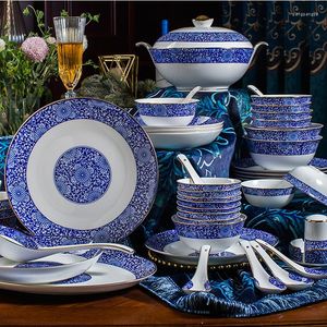 Zestawy zastaw obiadowych Duci Jingdezhen 58 sztuk kości China Miski stołowe i naczynia domowe prezenty niebieskie białe w glazurze