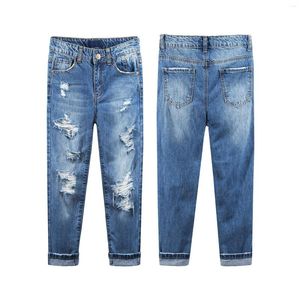 Jeans KIDSCOOL SPACE Children Girls/Boys Denim Pants Frayed Edge Elastic Band Inside Washed Ripped Holes Slim