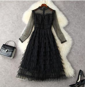 Long Sleeve Hearts Tulle Panelled Tweed Dress Tiered Round Neck Black / Red Mid-Calf Elegant Casual Dresses L3W132819