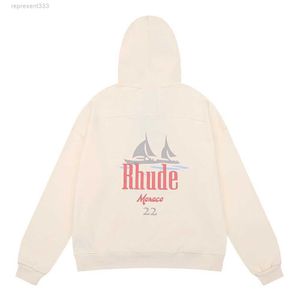 rhude Hoodie Herbst/Winter Neuer Nischen-Beauty-Trend Segelboot bedruckter reiner Baumwoll-Frottee-Hoodie-Pullover für Männer und Paare IJUA