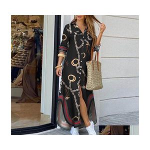 Casual Dresses Fashion Women Long Sleeve Shirt Dress Autumn Printed Ol Laides Turndown Collar Loose Sundress Party Y0118 Drop Delive Dhbpk