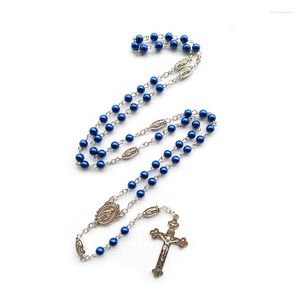 ペンダントネックレス気功ブルーアクリルロザリックロザリックネックレスカトリックイエスクロス祈りの宝石