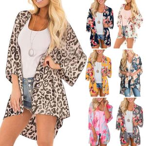 Cover-up Women Floral Leopard Print Half Sleeve Shawl Chiffon Kimono Beach Cardigan Bikini Cover Up Wrap Beachwear Outdoor AntiUV Coat