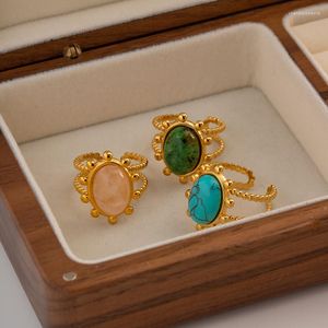Cluster Ringe Vintage Malachit 18KGF Edelstahl für Frauen Naturstein Luxus Statement Ästhetischer vergoldeter Schmuck