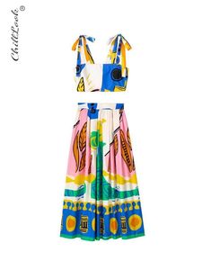 Two Piece Dress Women Summer Print Vest Skirts Set Female Elegant Short Elastic Tops Suit ALine Hem Long Skirt Casual Trendy 230512