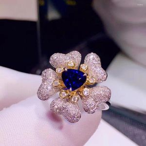 Cluster Rings H627 Blue Sapphire Ring 1.05ct Real Pure 18 K Natural Unheat Royal Gemstone Diamonds Stone Female