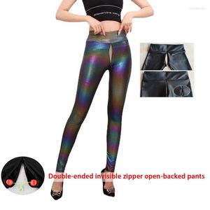 Women's Leggings Sexy Invisible Open-Seat Pants High Waist Leather Shorts Imitation Yoga Stretch Feet Outdoor Sex Trousers