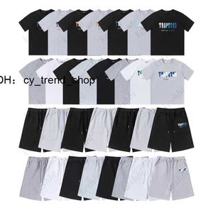 Trapstar Mens T 셔츠 바지 조각 세트 디자이너 레인보우 타월 자수 디코딩 Tshirts 남자 검은 흰색 라운드 목 티셔츠 1