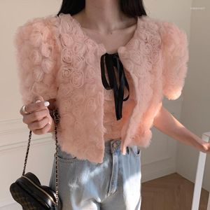 Kvinnor Bluses Korean Chic Summer Style Small Fragrance Light Luxury Show Thin Temperament 3D Flower Top Lace Shirt Two Piece Set