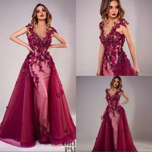 New Tony Chaaya Evening Dresses With Detachable Train Burgundy Beads Mermaid Prom Gowns Lace Applique Sleeveless Luxury Party Dress