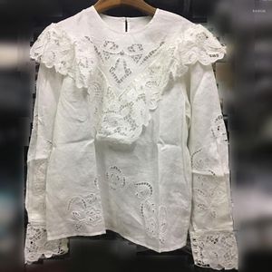 Camicette da donna Donna Lino bianco ricamato floreale Broderie Anglaise PIZZO Camicetta arruffata Maniche lunghe Scava fuori dettaglio Moda Top