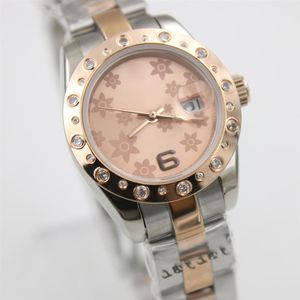 Luxury 69139 Tow Tone Rose Gold Pink Flower armbandsur 316L Rostfritt stål Perpetual Datejust Automatic Women Watch 28mm Ladies260i